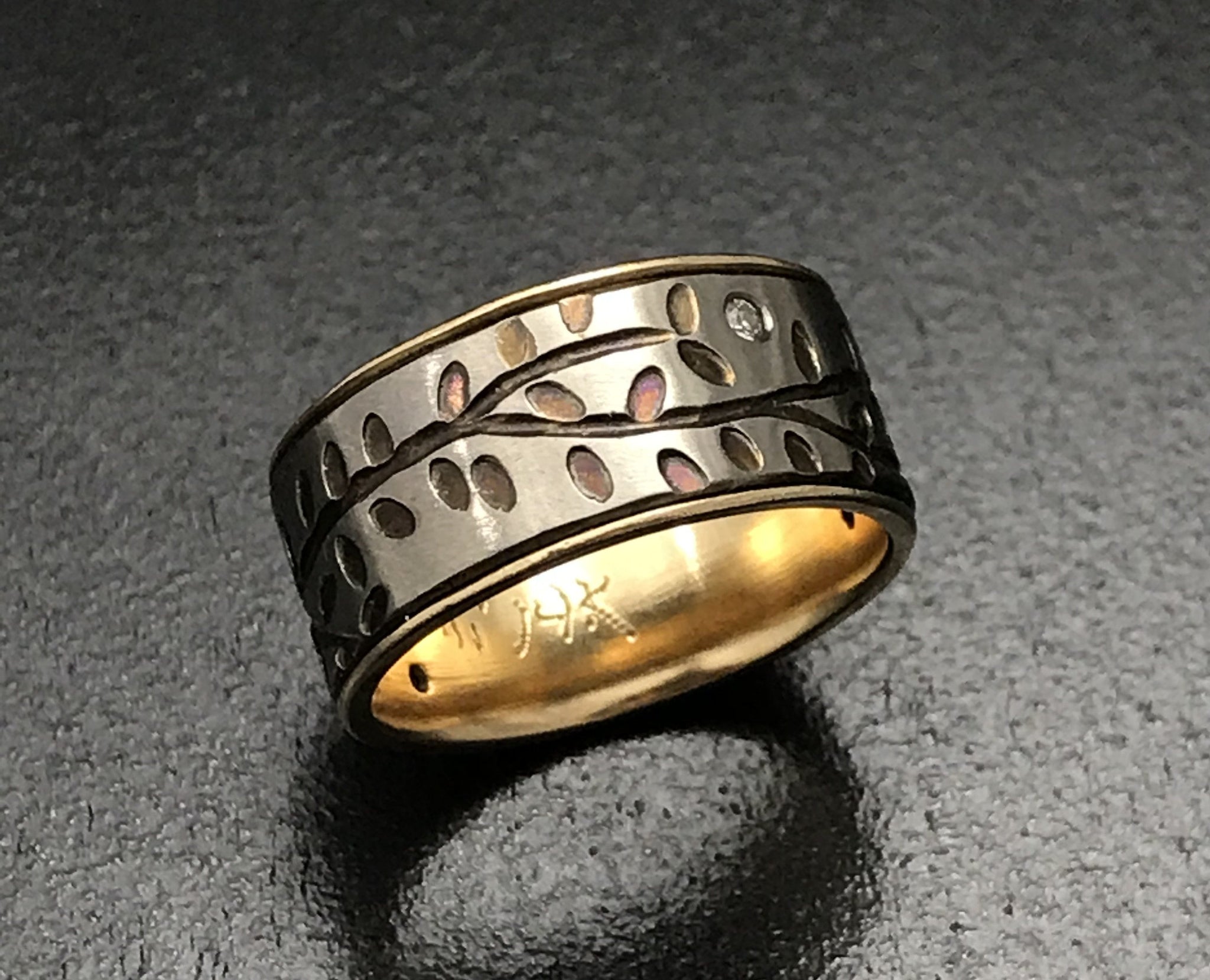 Titanium Diamond Vines Band with 14K Yellow Gold Liner