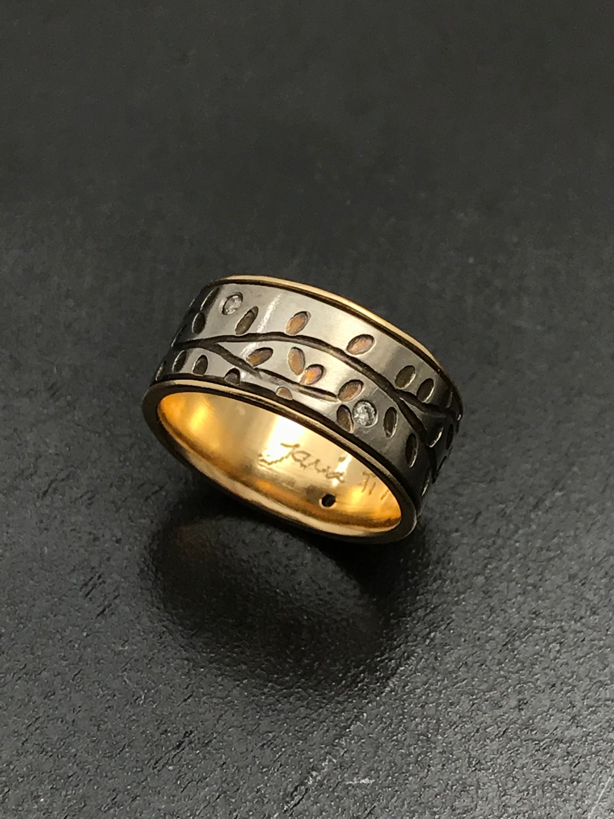 Titanium Diamond Vines Band with 14K Yellow Gold Liner