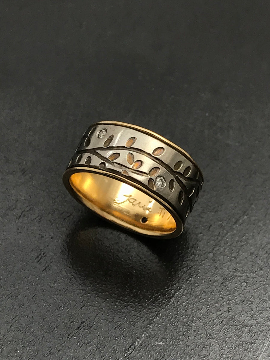 Titanium Diamond Vines Band with 14K Yellow Gold Liner